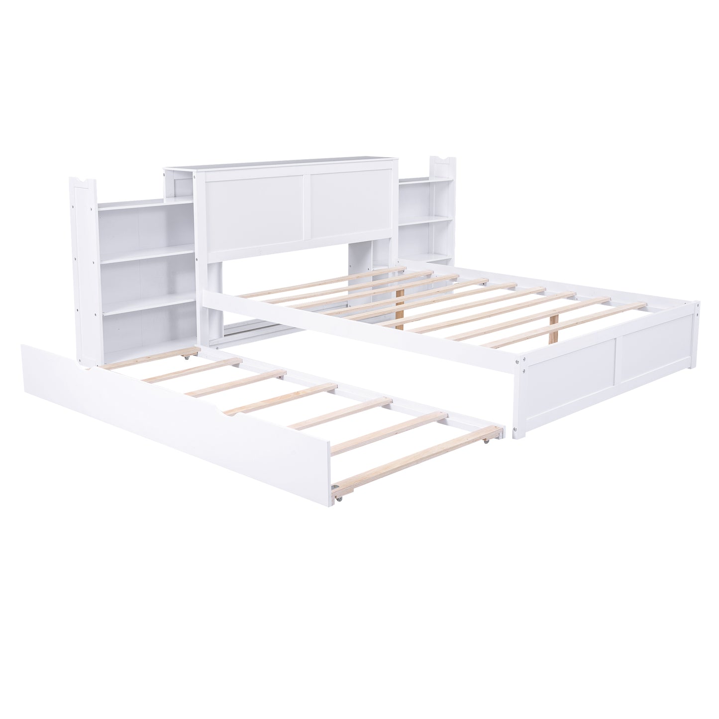 Queen Size Storage Platform Bed with Pull Out Shelves and Twin XL Size Trundle  White