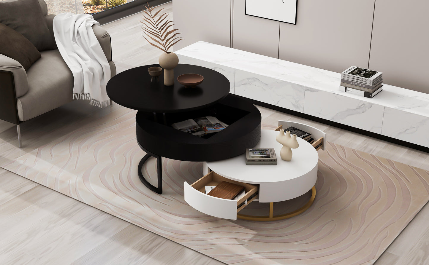 Modern Round Lift-Top Nesting Coffee Tables with 2 Drawers, White and Black Finish