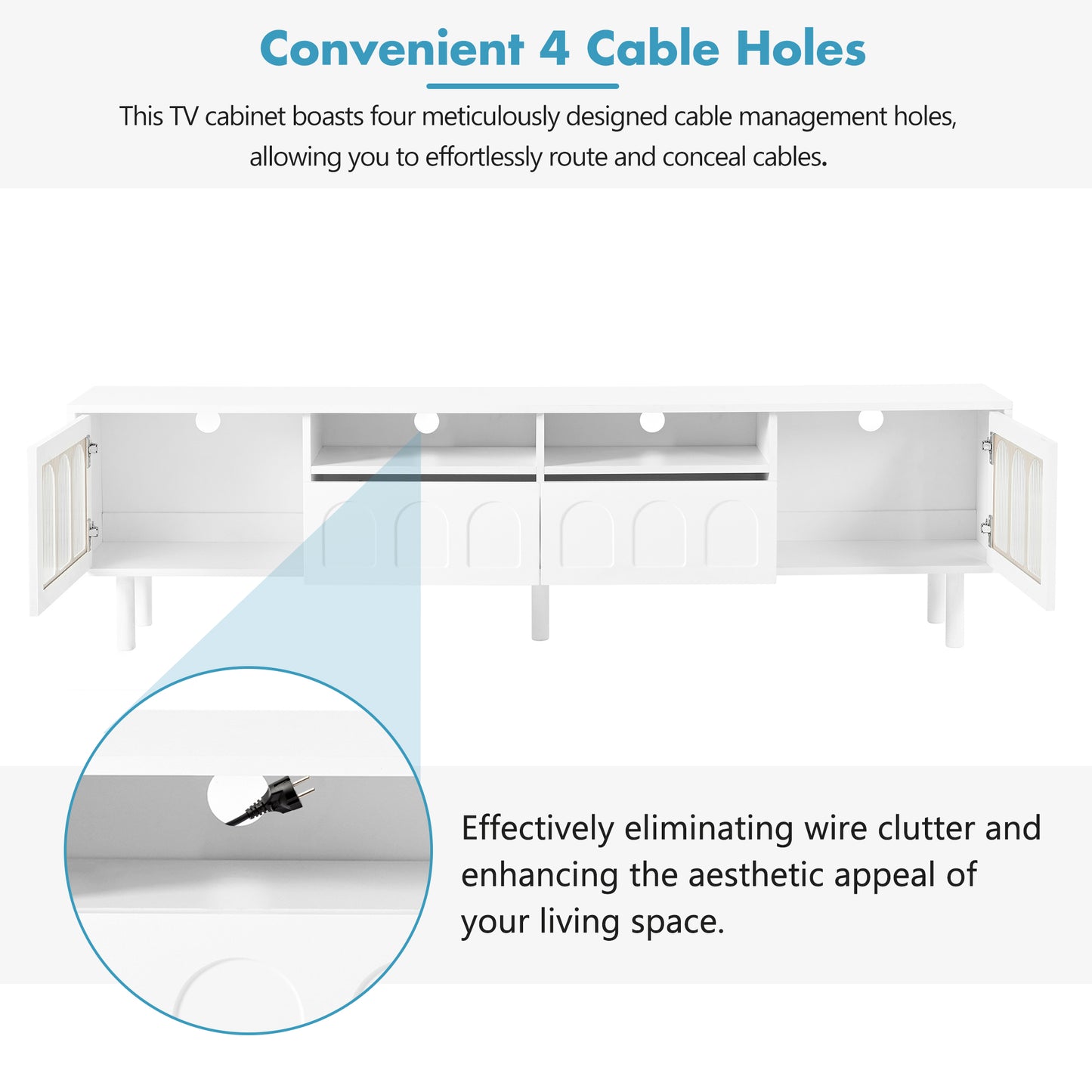 ON-TRANS Cream TV Stand with LED Light Strip, Tempered Glass Door for 80-Inch TVs, White Finish