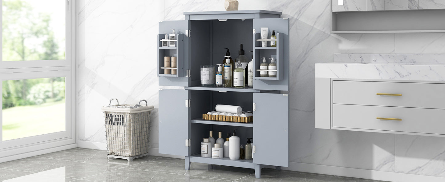 Bathroom floor storage cabinet, bathroom storage cabinet, 4-door independent cabinet, adjustable shelf, adaptive shelf, gray