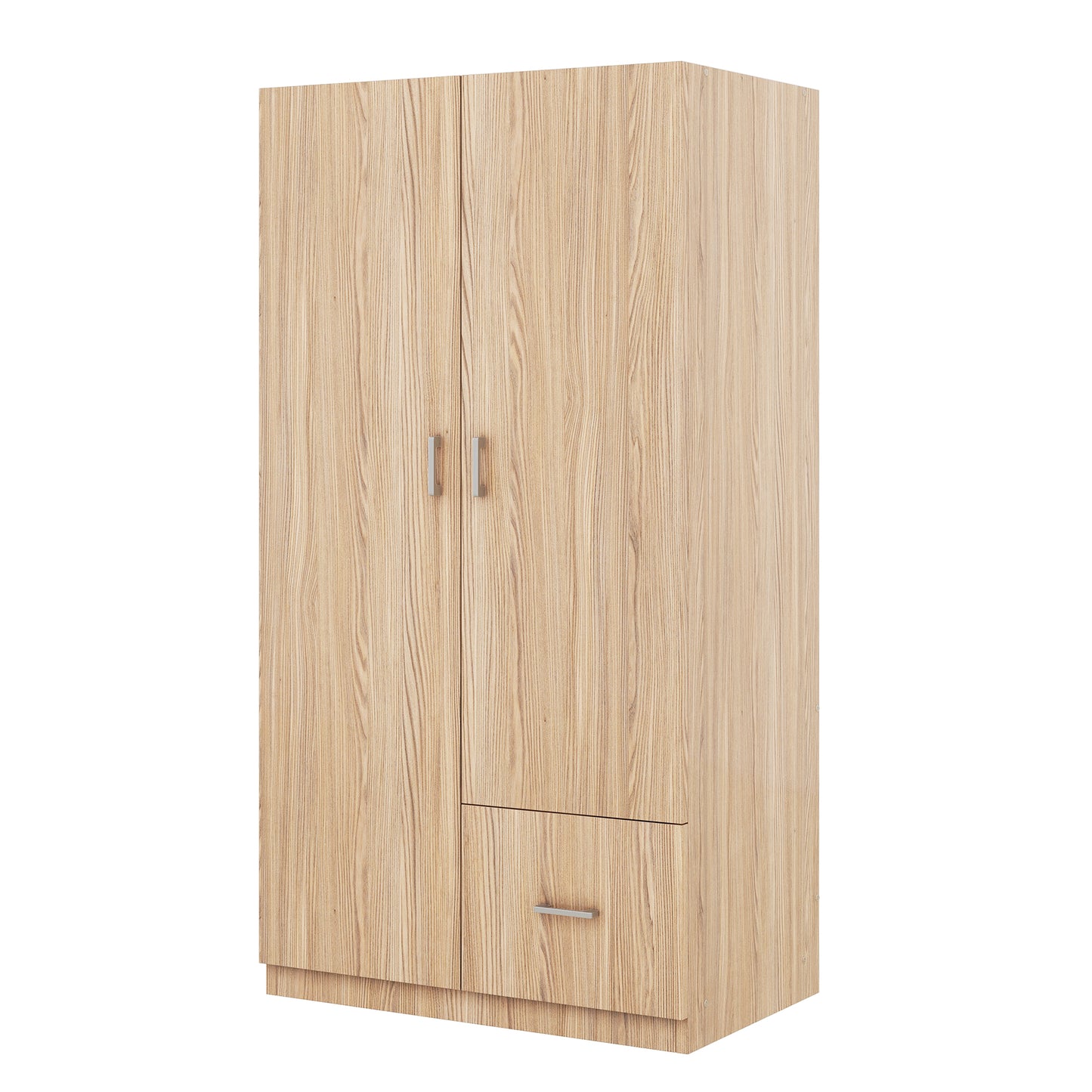 Wooden Wardrobe with Double Doors, Armoire with Hanging Rod, 5 Fixed Shelves, and 1 Drawer, Natural Finish