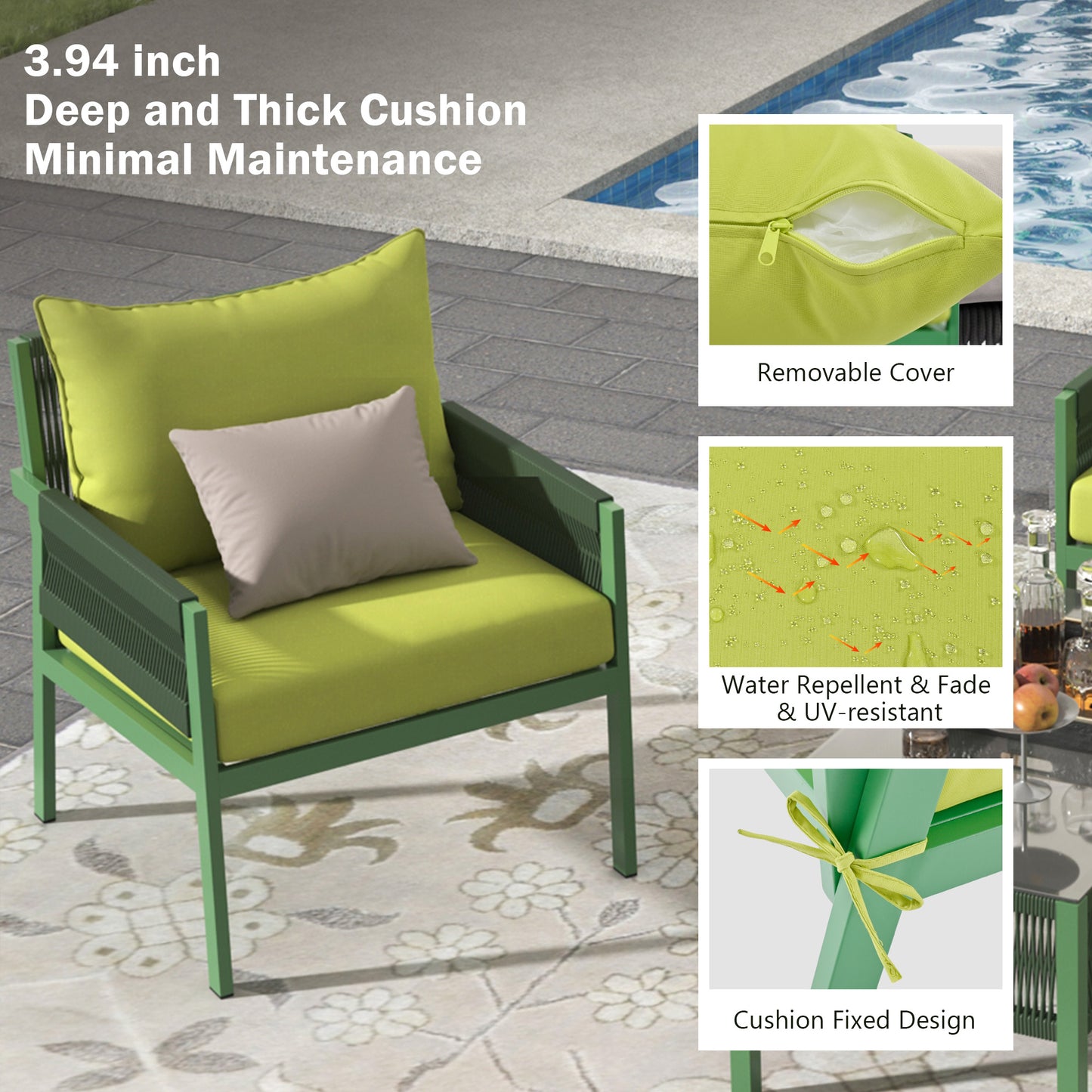 Muebles de exterior con mesa de vidrio templado, asientos profundos con cojines gruesos en amarillo fluorescente y verde