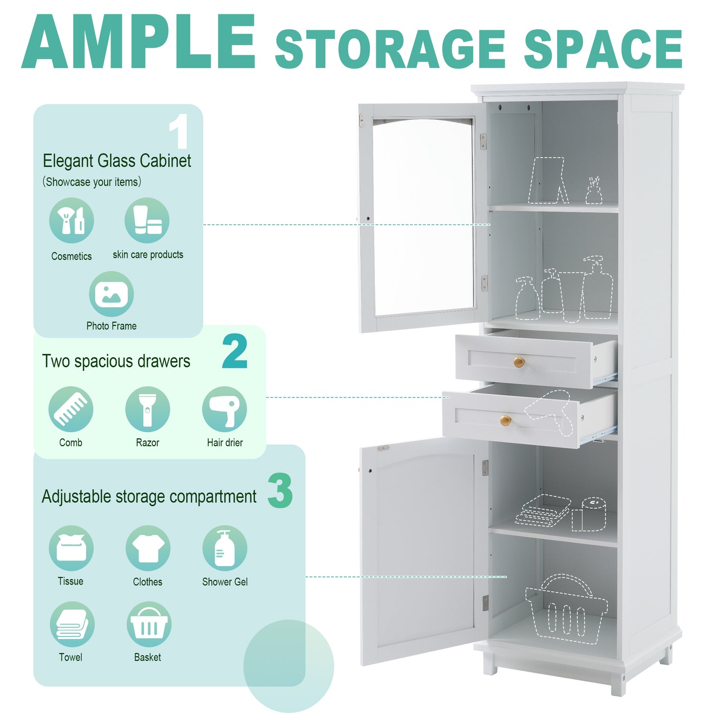 High bathroom storage cabinet with glass door, freestanding, two drawers and adjustable shelves, MDF board, painted white