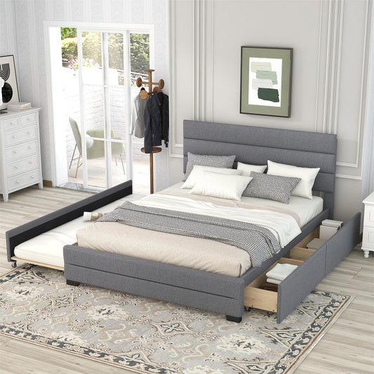 Queen Upholstered Platform Bed with Twin Size Trundle and Two Drawers Grey