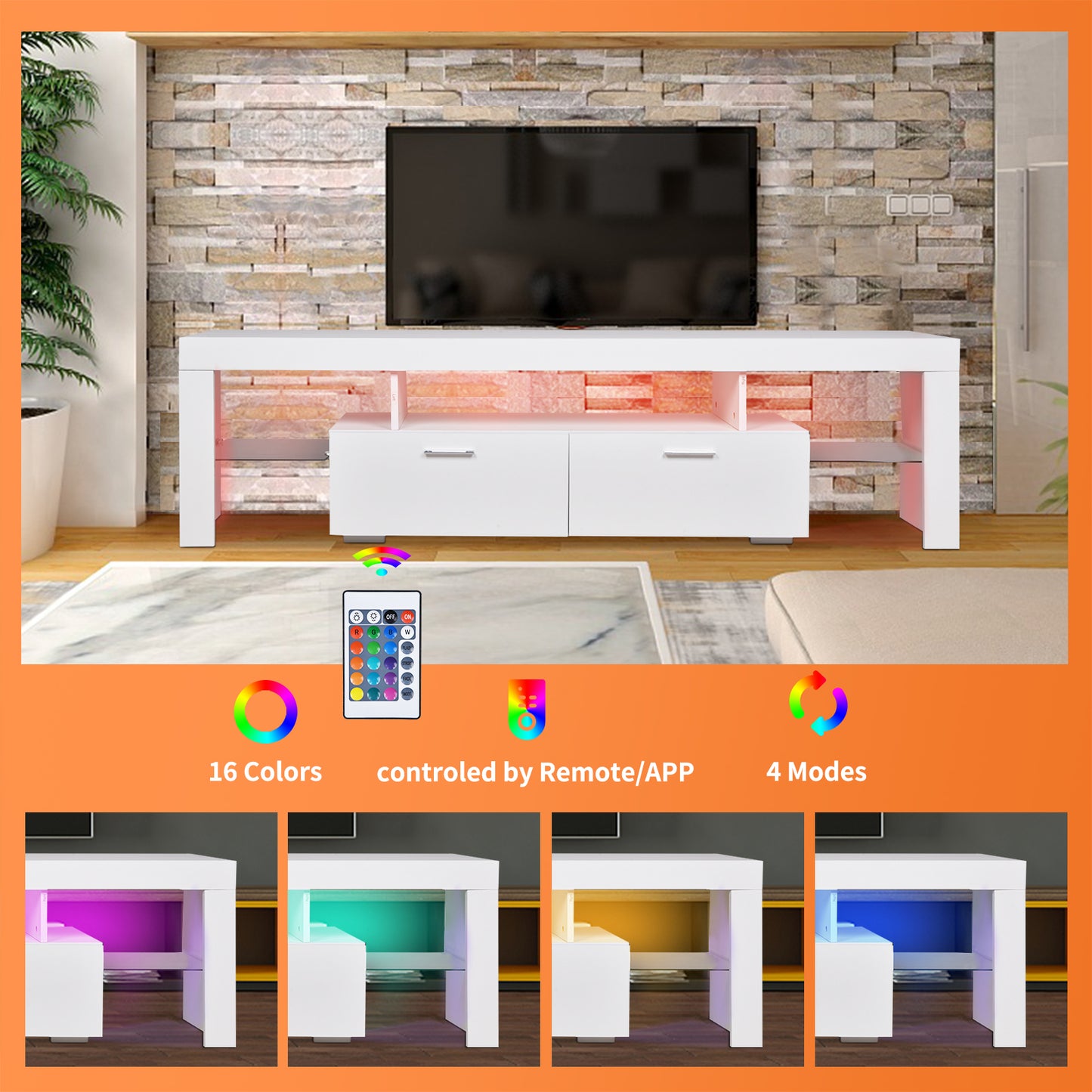 LED TV stand modern TV stand with storage Entertainment Center with drawer TV cabinet for Up to 75 inch for Gaming Living Room B