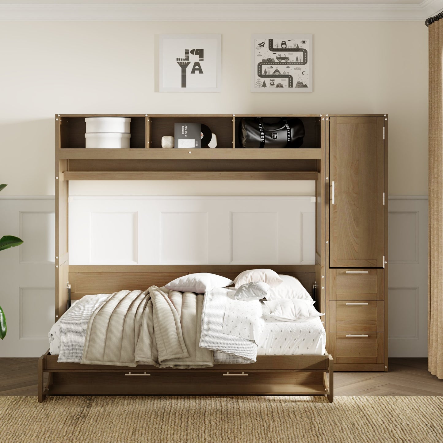 Full Size Murphy Bed with Wardrobe, Drawers, and Open Shelves, Antique Grey Finish for Functional Bedrooms