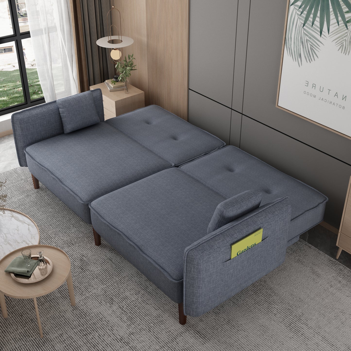 Futon Sofa Bed with Solid Wood Legs, Comfortable Grey Fabric Design for Living Rooms