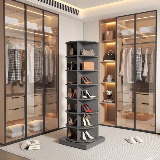 New 360-Degree Gray Rotating Shoe Cabinet with 7 Layers, Holds Up to 28 Pairs of Shoes