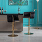 Set of 2 Bar Stools with Chrome Footrest and Swivel Base, Velvet Upholstery and Golden Legs, Black Finish