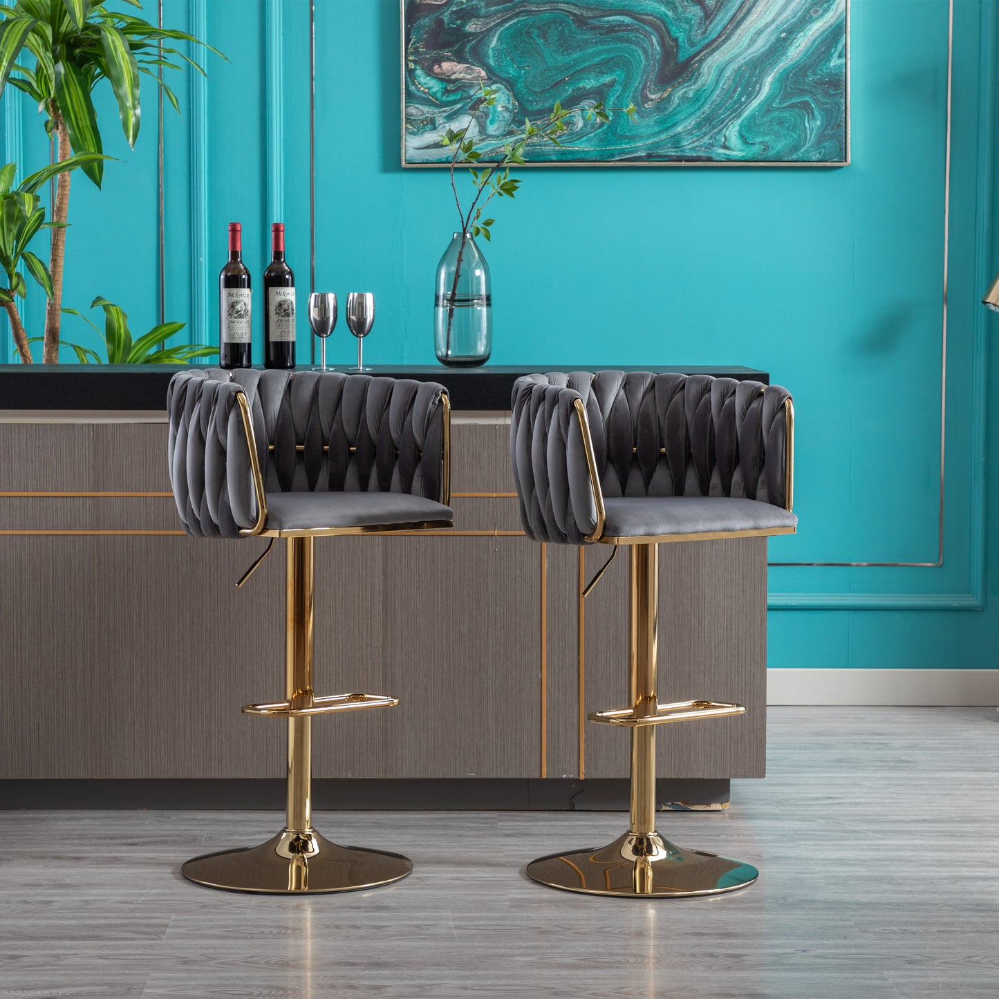 Set of 2 Bar Stools with Chrome Footrest and Swivel Base, Velvet Upholstery and Golden Legs, Grey Finish