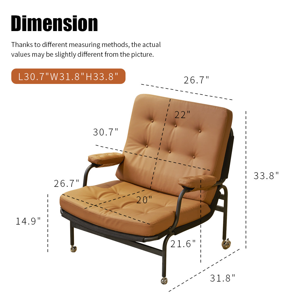 Living room chair with adhesive leather armrests, high backrest, metal legs, and soft padding (1 piece in brown)