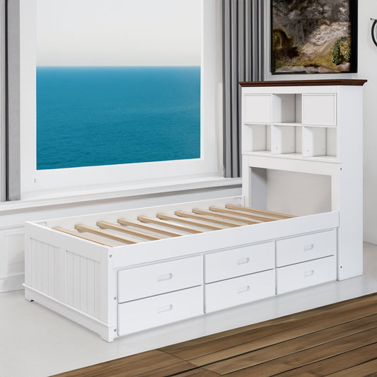 Solid Pine Captain Bookcase Bed with Trundle Bed and 3 Spacious Under Bed Drawers in Casual,Twin, White+Walnut