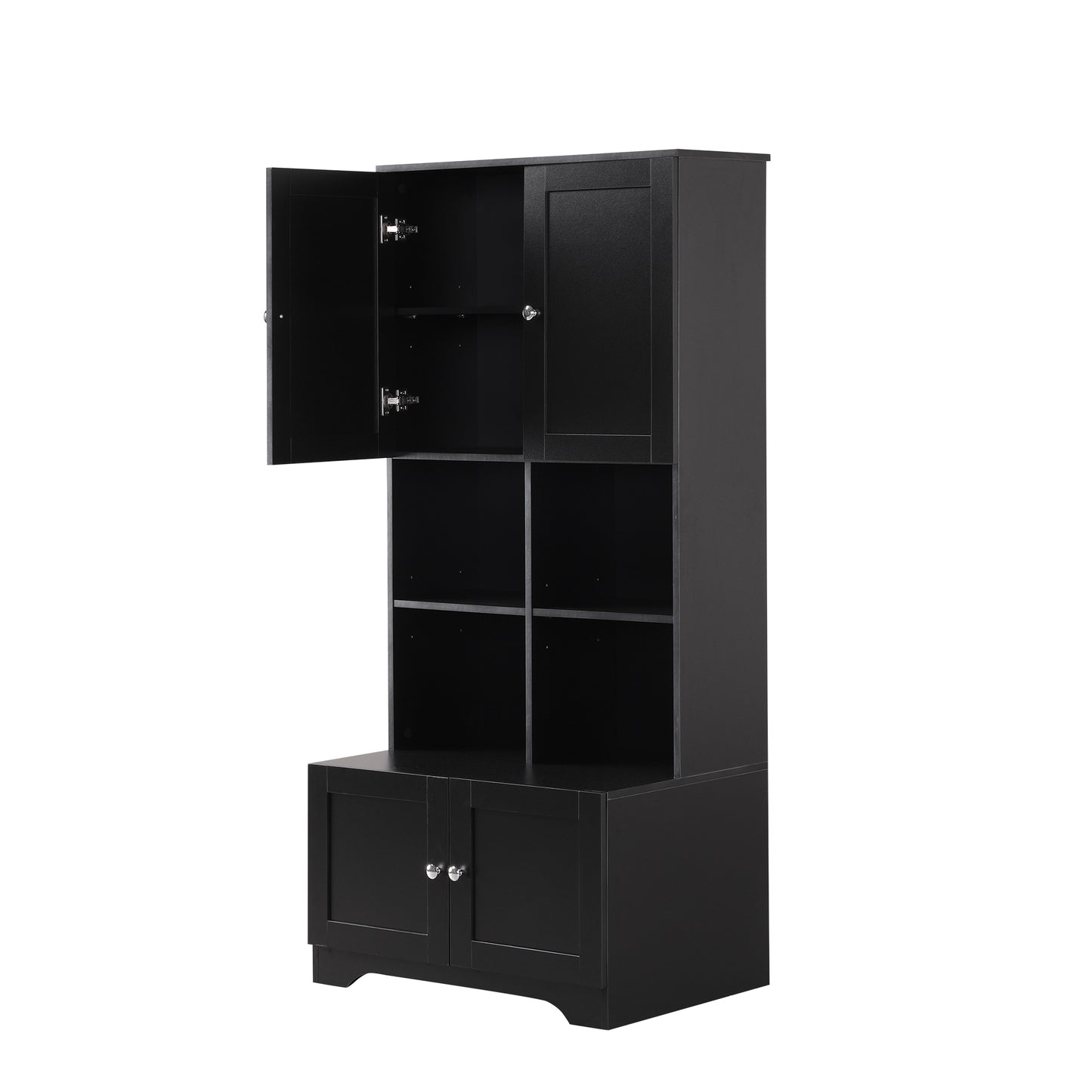 Bathroom storage cabinet, 4-door independent cabinet, adjustable shelf, open multi-layer shelf, black