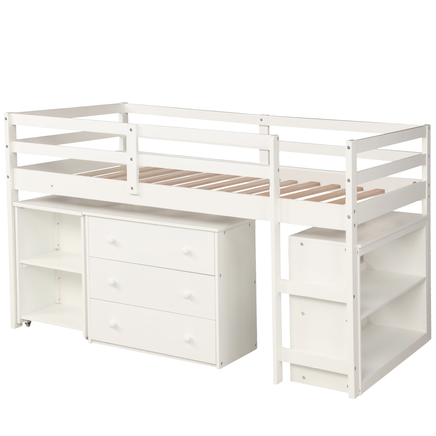 Low Study Twin Loft Bed with Cabinet and Rolling Portable Desk - White (OLD SKU :LP000113AAK)