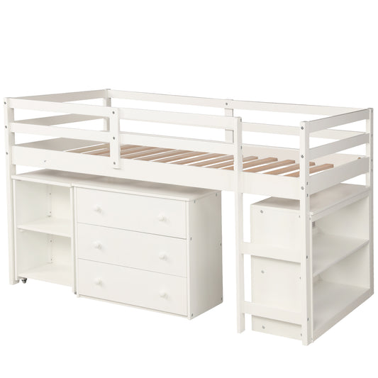 Low Study Twin Loft Bed with Cabinet and Rolling Portable Desk - White (OLD SKU :LP000113AAK)