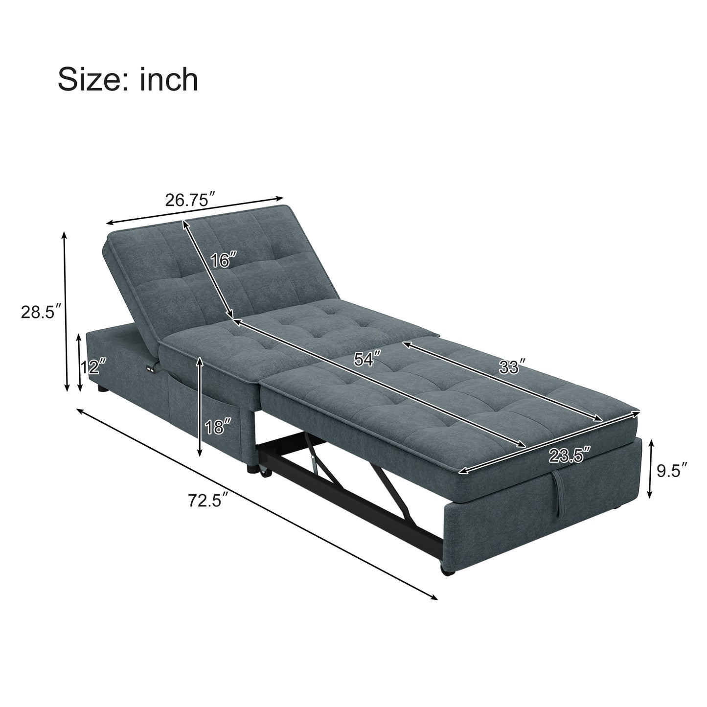 Four in one sofa bed, chair bed, multifunctional folding Ottoman bed with storage bag and USB port, dark blue