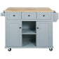 Kitchen handcart with rubber wood leaf countertop, storage cabinet, shelf, and 3 dining room drawers, gray blue