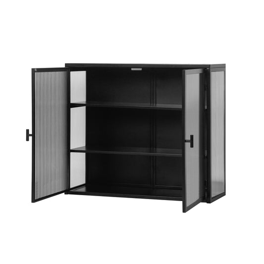 Glass Doors Modern Two-door Wall Cabinet with Featuring Three-tier Black