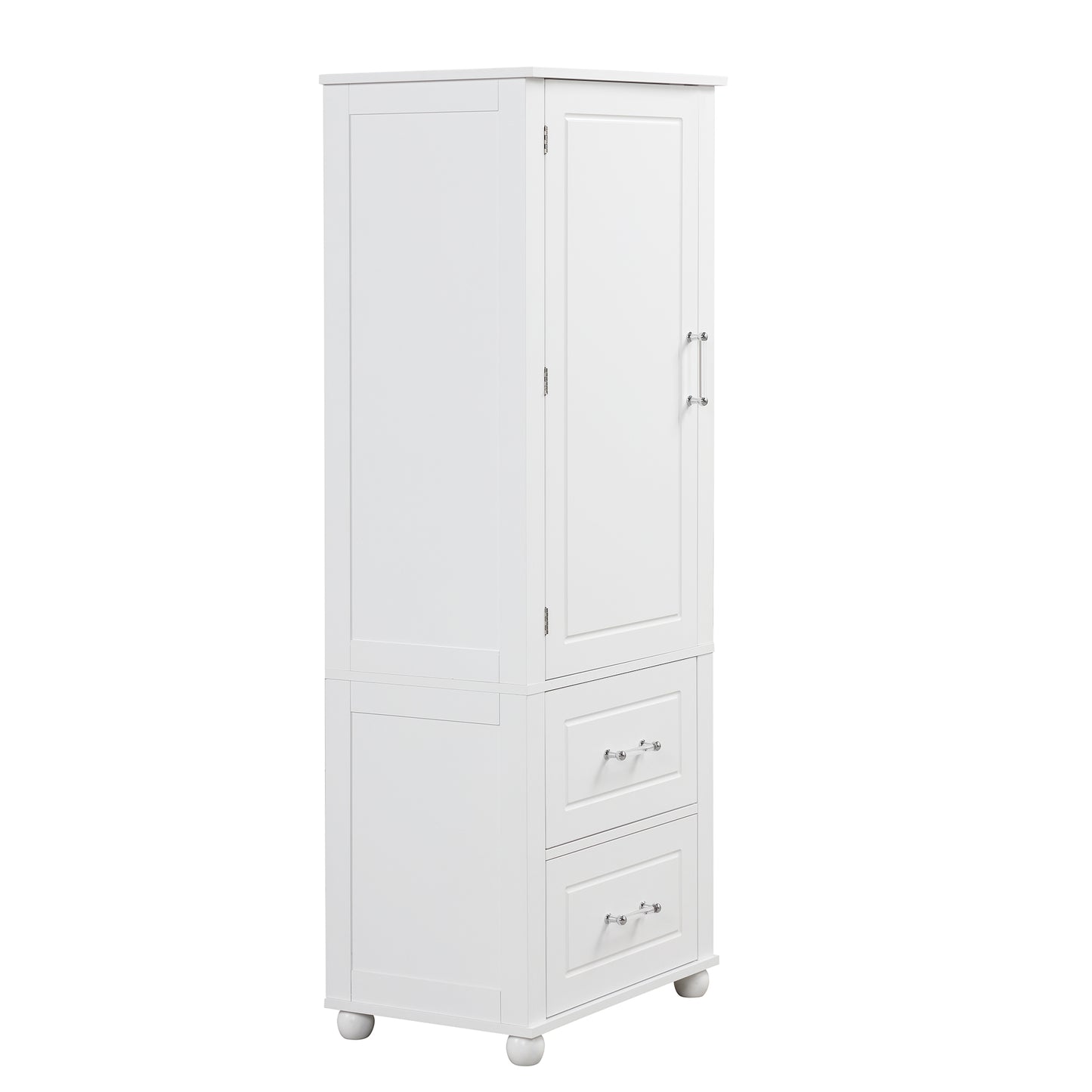 Tall bathroom storage cabinet with two drawers and adjustable shelves for independent storage