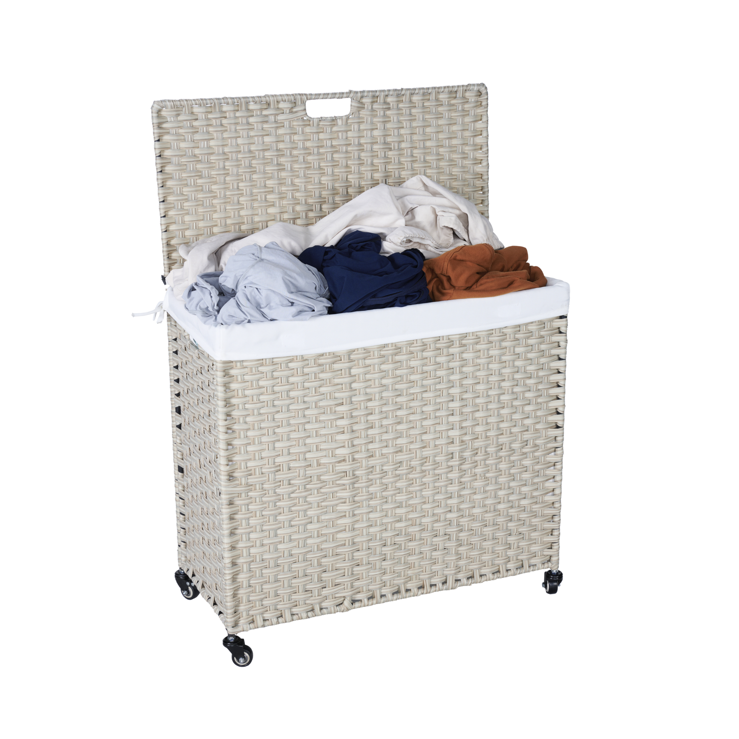 Laundry Hamper With Lid PE Rattan Powder Coating Frame Clothes Hampers with 02 Removable Bags, Wheels, 160L, Grey Color