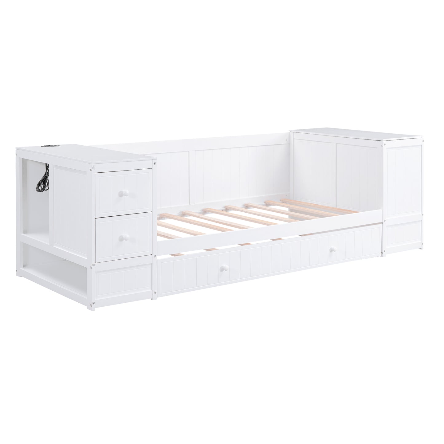 Twin Size Daybed with Storage Arms  Trundle and Charging Station White