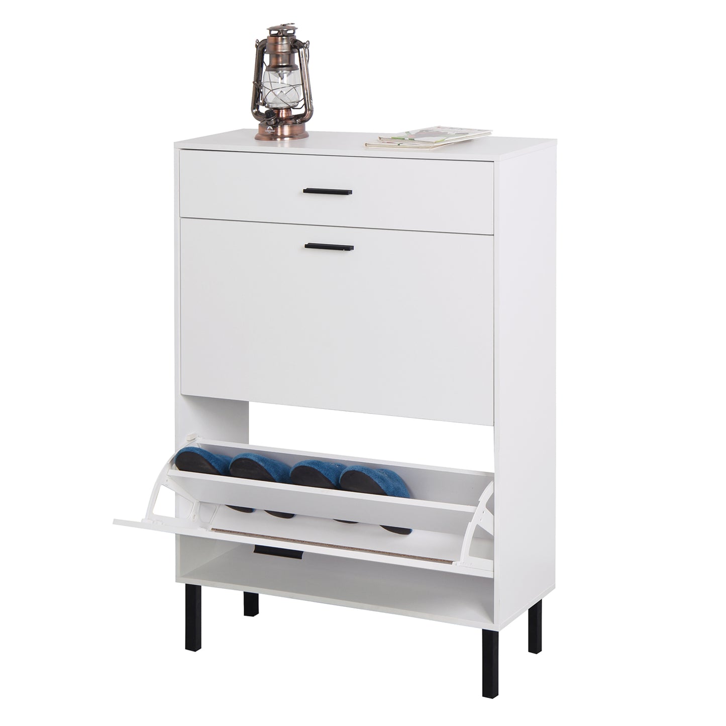 Independent shoe rack storage box with drawers and metal legs, modern shoe cabinet with 2 flippable drawers