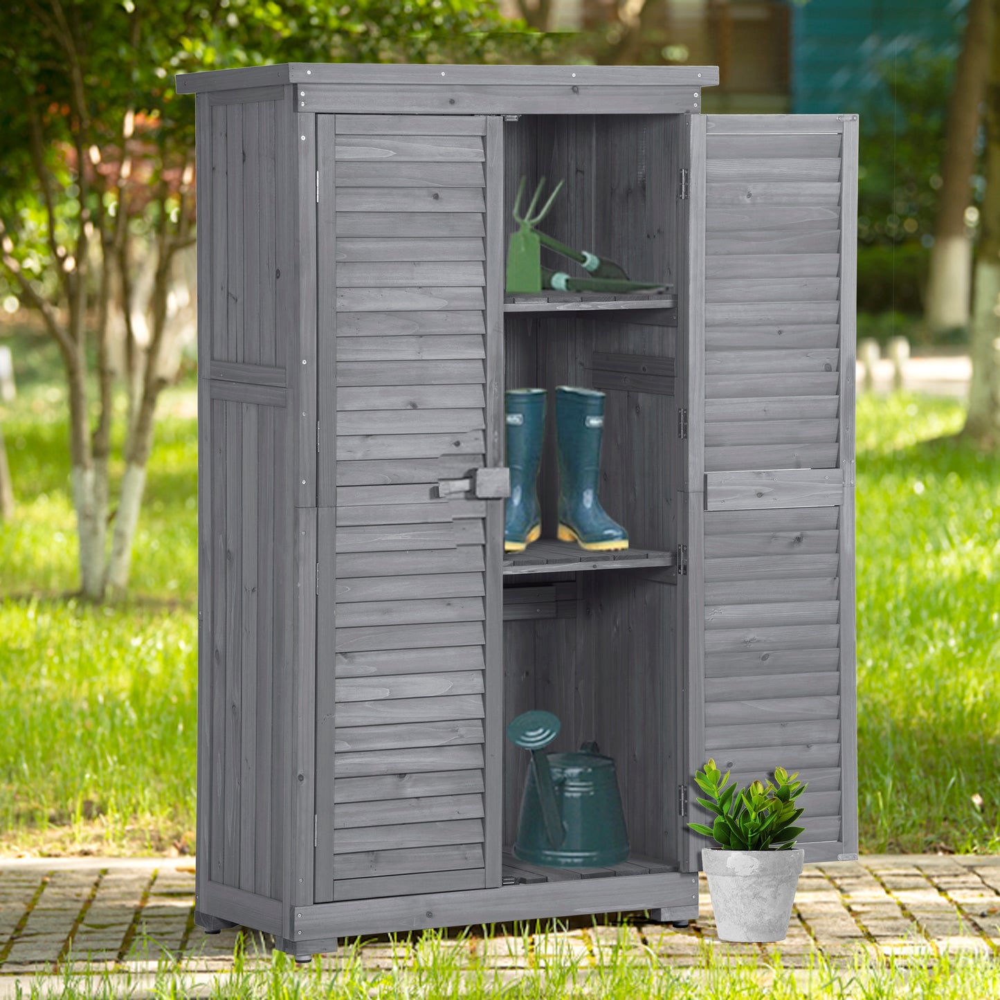 Wooden Garden Shed with 3-Tier Patio Storage, Outdoor Organizer with Fir Wood Shutter Design, Gray