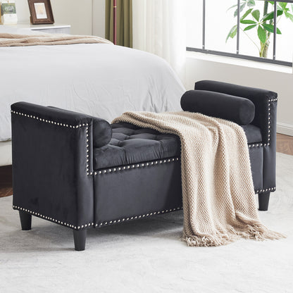 44.5-Inch Queen Velvet Storage Bench with Armrests and Nailhead Trim, Perfect for Entryways and Living Rooms, Black