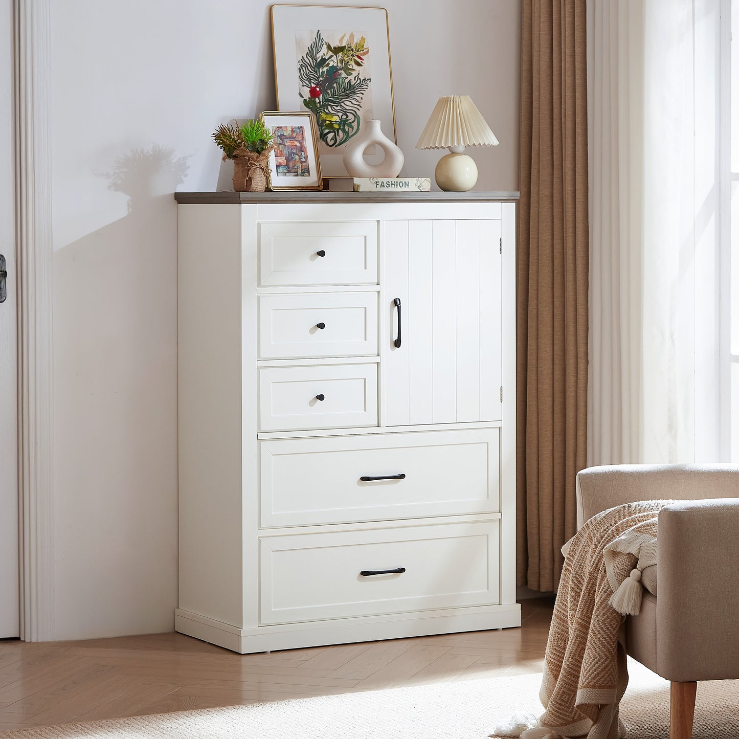 Farmhouse 5 drawer bedroom dressing table, high drawer cabinet white wooden bedroom dressing table.