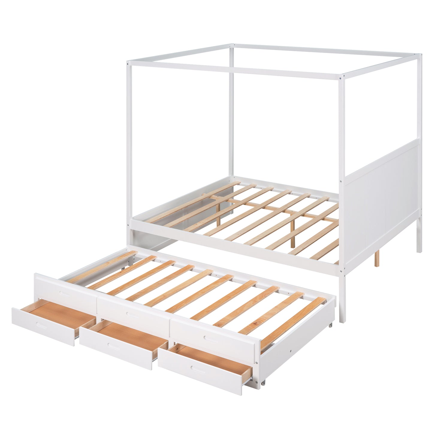 Queen Size Canopy Platform Bed with Twin Size Trundle and Three Storage Drawers White