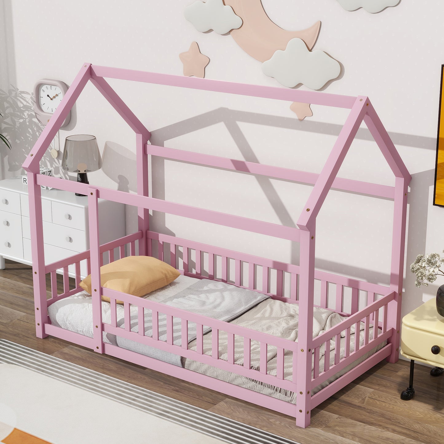 Twin Size Floor Wooden Bed with House Roof Frame, Fence Guardrails,Pink