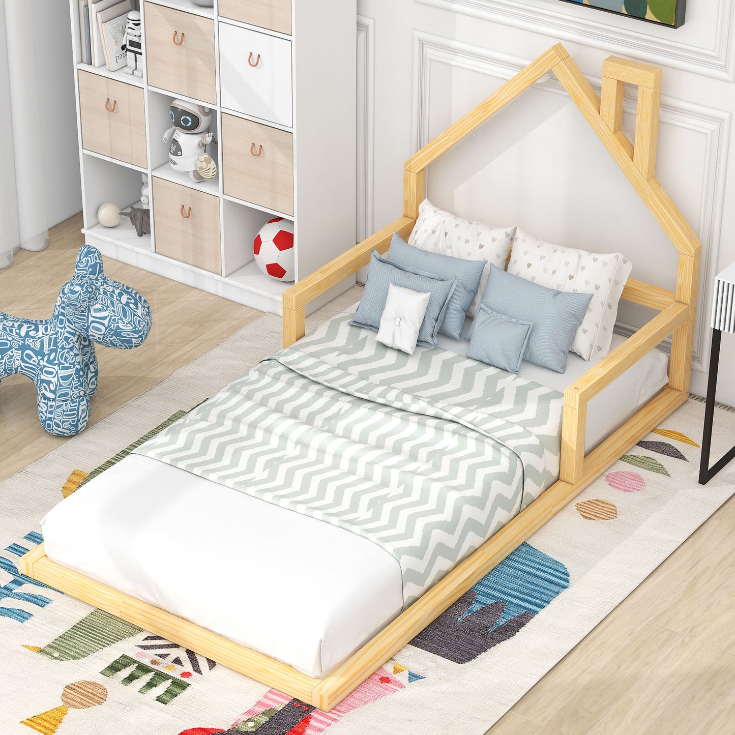 Twin Size Wood Floor Bed with House-shaped Headboard   Natural