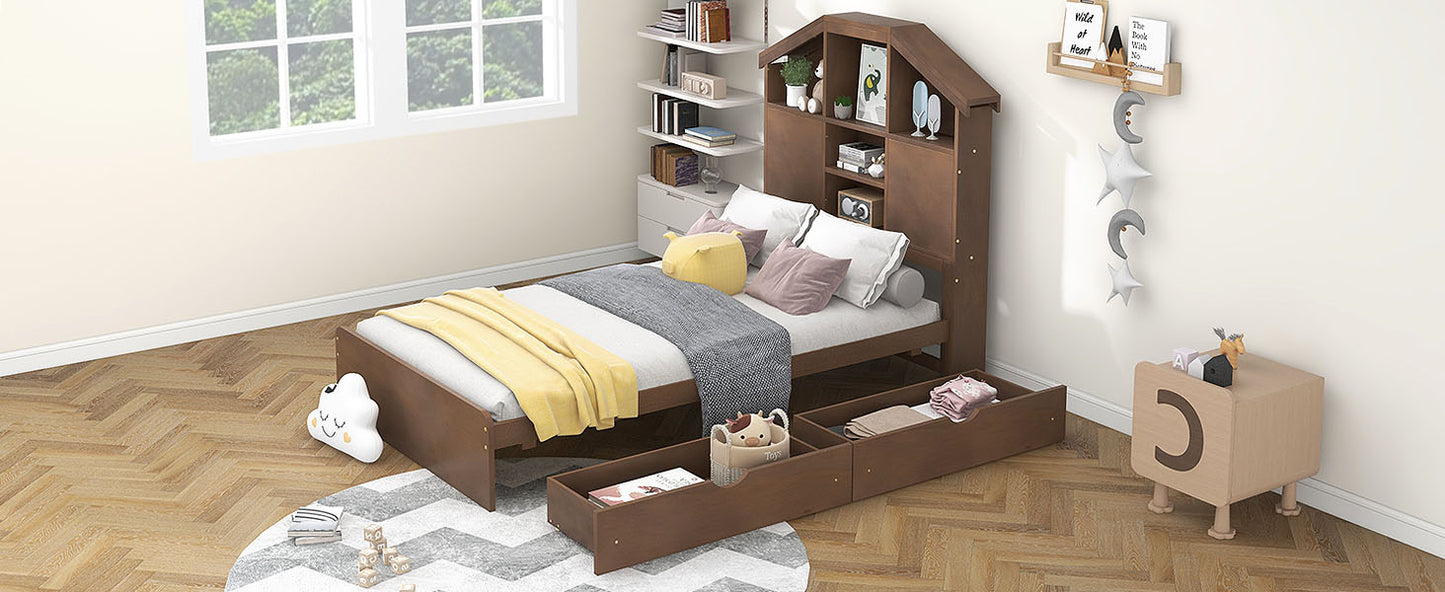 Twin Size Wood Platform Bed with House-shaped Storage Headboard and 2 Drawers Walnut