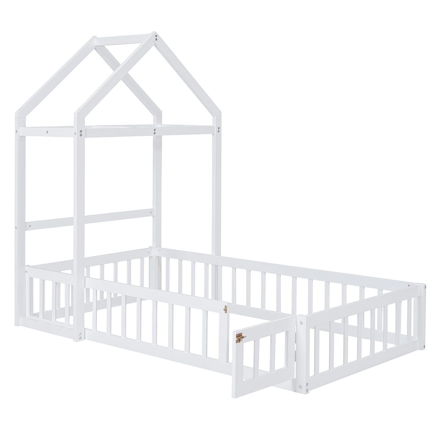 Wooden Twin Size Children's Bed with Detachable Headboard and Integrated Clothes Drying Rack, White