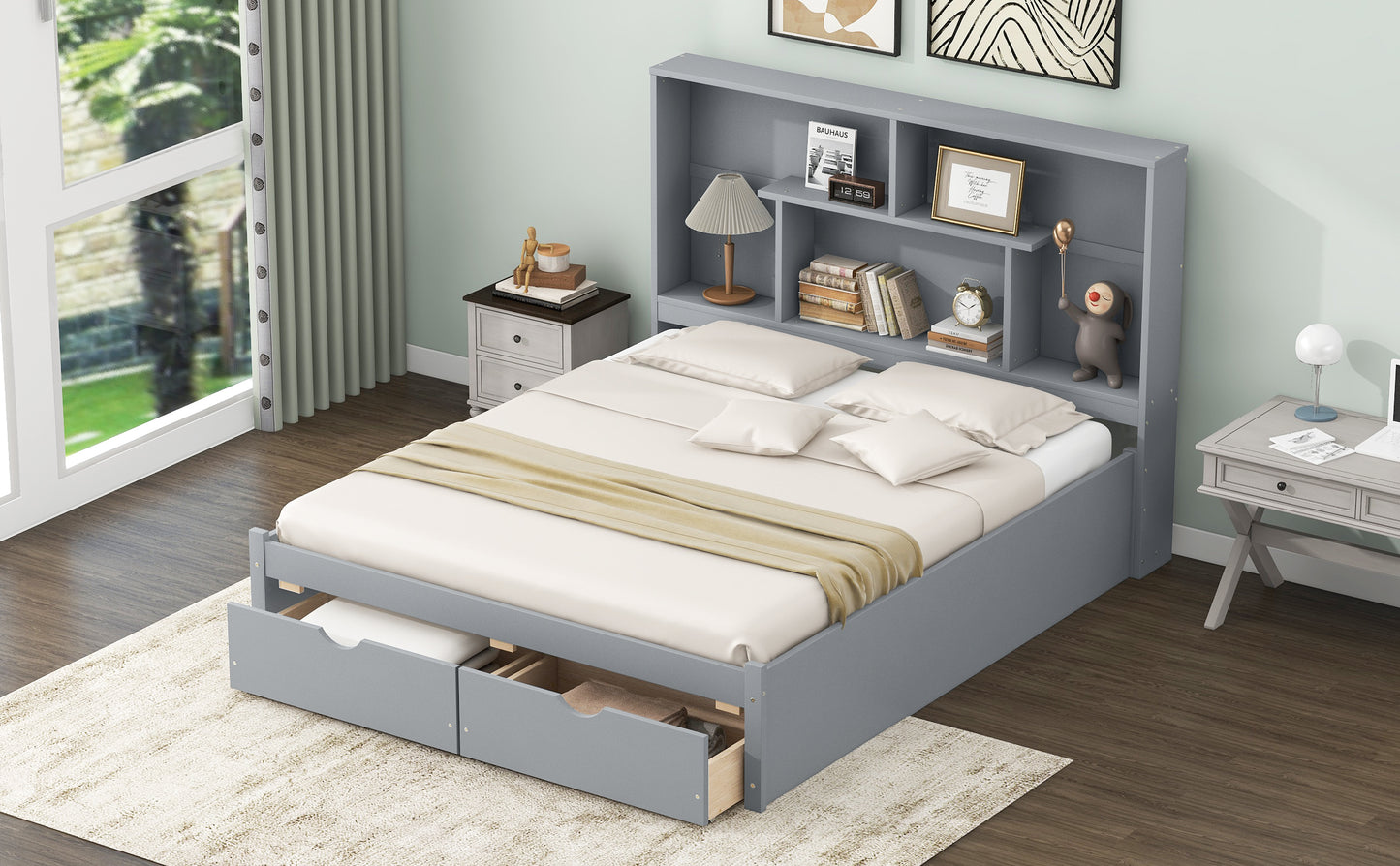 Queen Size Platform Bed with Storage Headboard and 2 Drawers, Gray