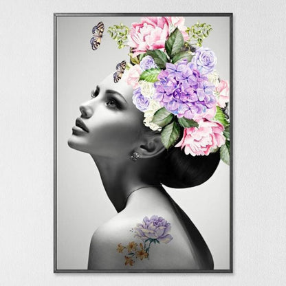 Cuadro sobre lienzo con diseño abstracto de mujer con plumas y flores modernas, impresión artística, póster, marco de fotos, decoración de pared para sala de estar y hogar 