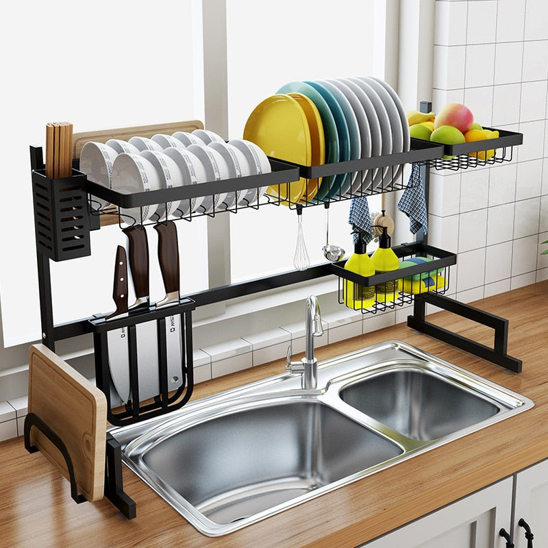 Black 65/85cm Stainless Steel Kitchen Dish Rack U Shape Sink Drain Rack Two layers Kitchen Storage Holder