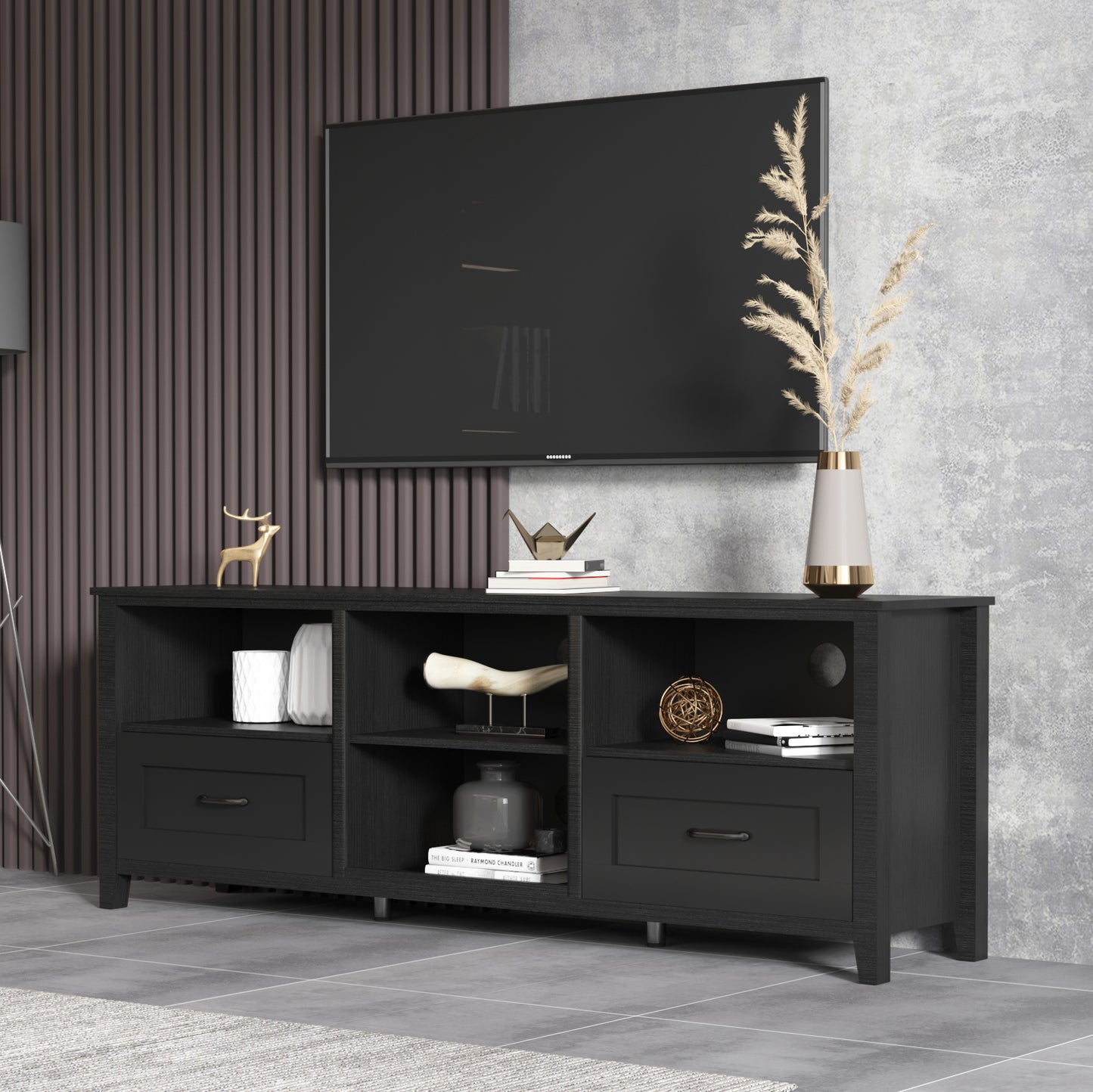 Mueble de TV negro de 70 pulgadas con 2 cajones y 4 compartimentos de almacenamiento, perfecto para salas de estar y dormitorios