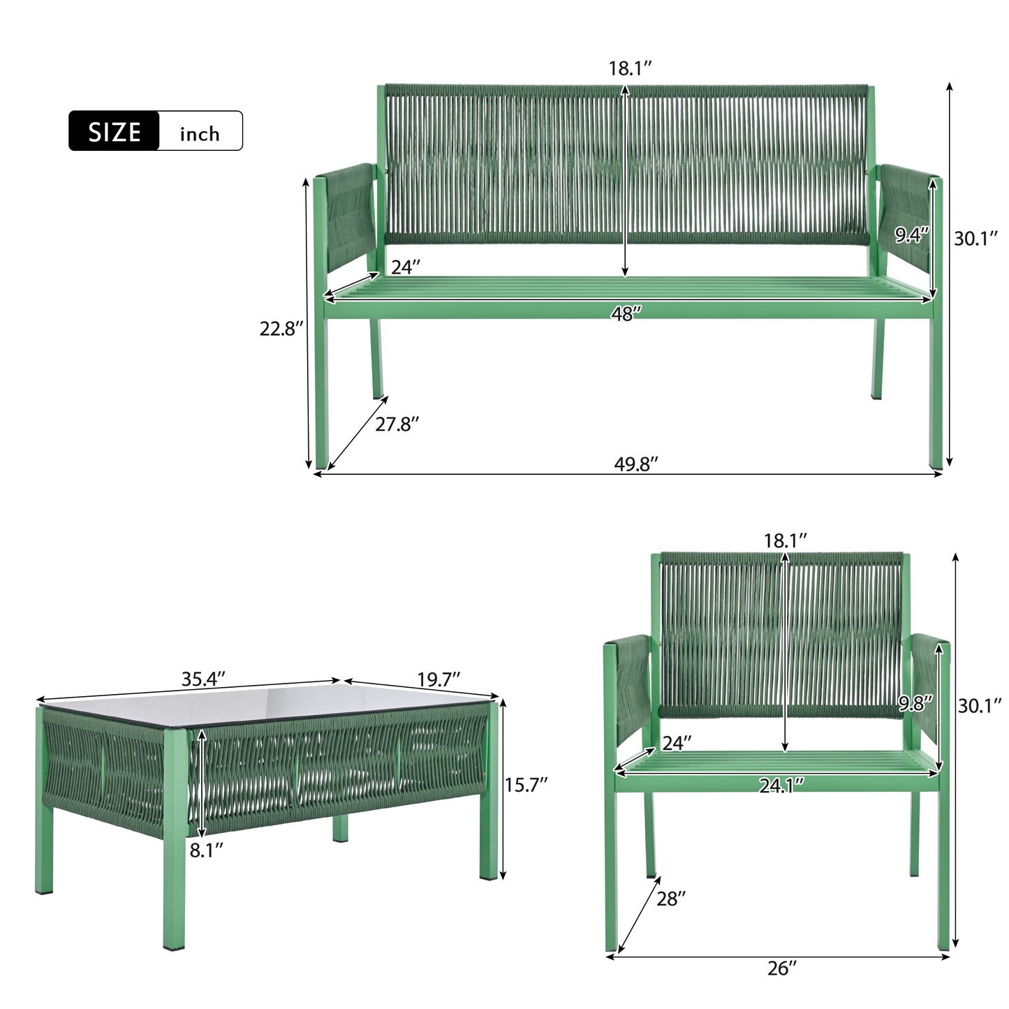 Outdoor Furniture with Tempered Glass Table, Deep Seating with Thick Cushions in Fluorescent Yellow and Green