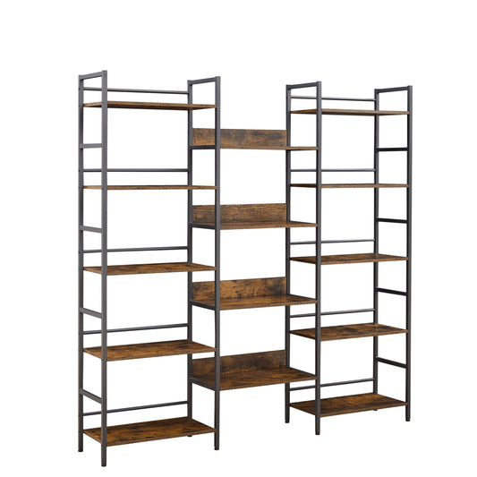 Triple Wide 5-shelf Bookshelves Industrial Retro Wooden Style Home and Office Large Open Bookshelves Rustic Brown