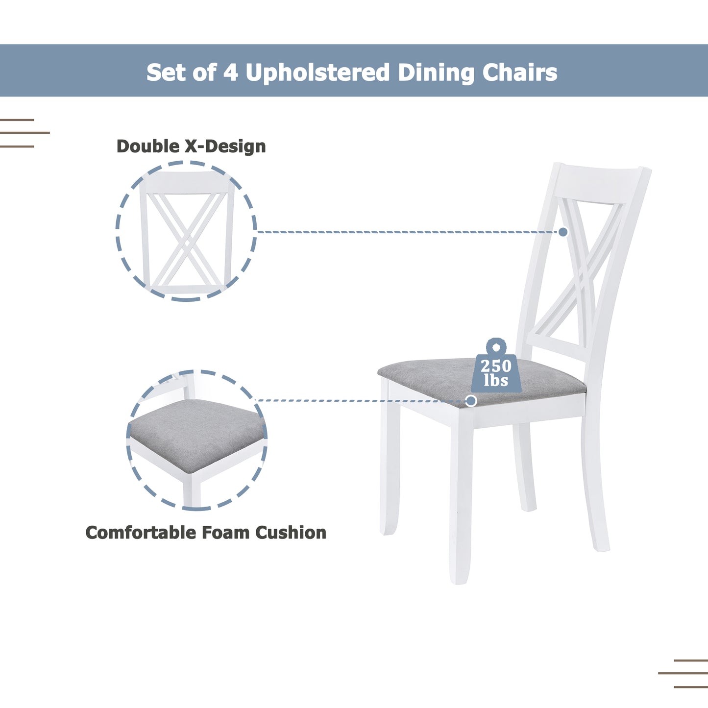 Juego de mesa de comedor de madera rústica minimalista de 5 piezas TOPMAX con 4 sillas con respaldo en X, acabado blanco