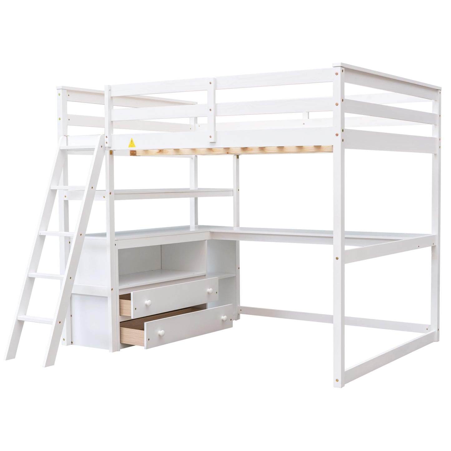 Full Size Loft Bed with Desk and Shelves,Two Built-in Drawers White