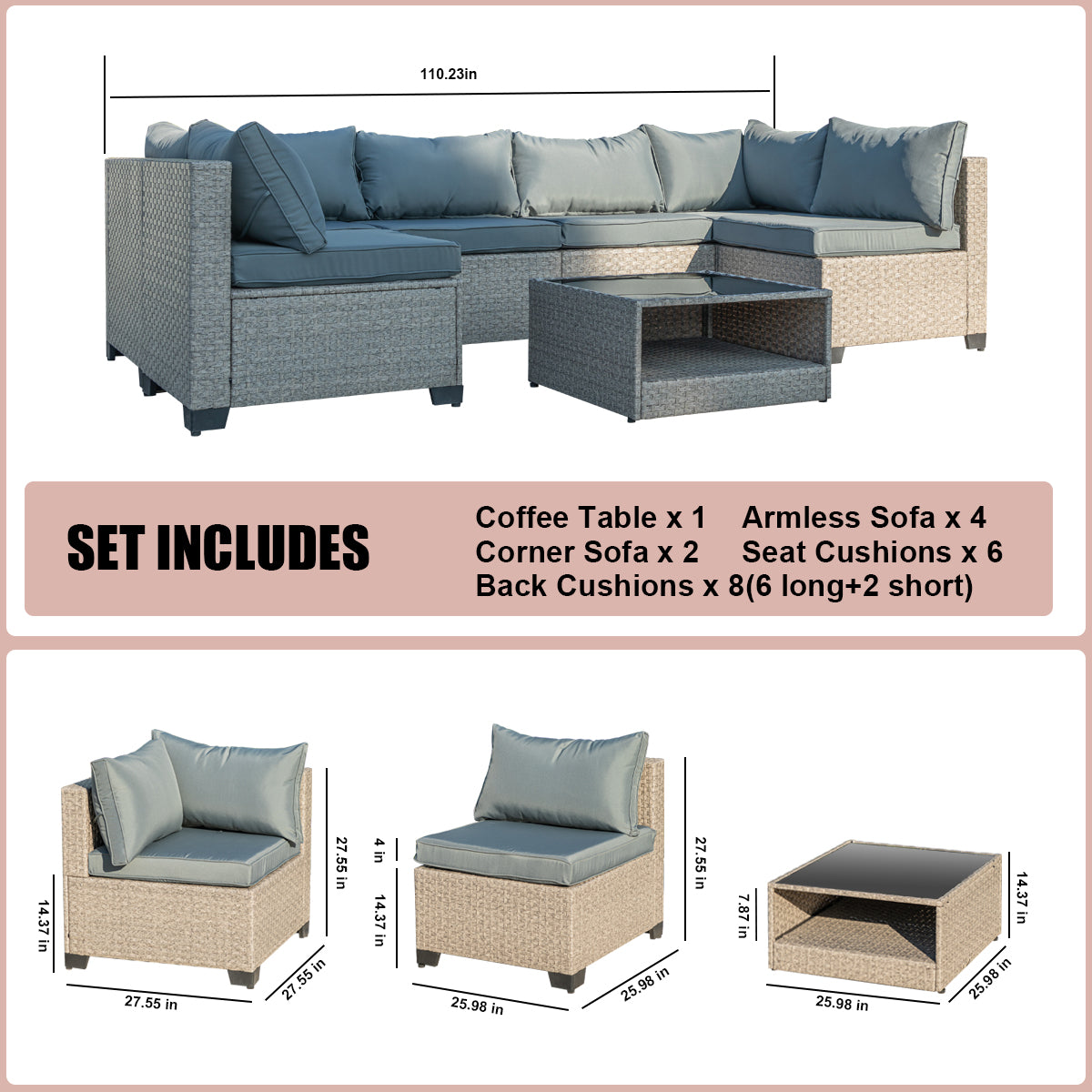 7-Piece Patio Furniture Set, All-Weather Boho Outdoor Sectional Sofa with Water-Resistant Grey Cushions