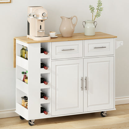 Multi-Functional Kitchen Island Cart with 2 Door Cabinet and Two Drawers,Spice Rack, Towel Holder, Wine Rack, and Foldable Rubberwood Table Top (White)