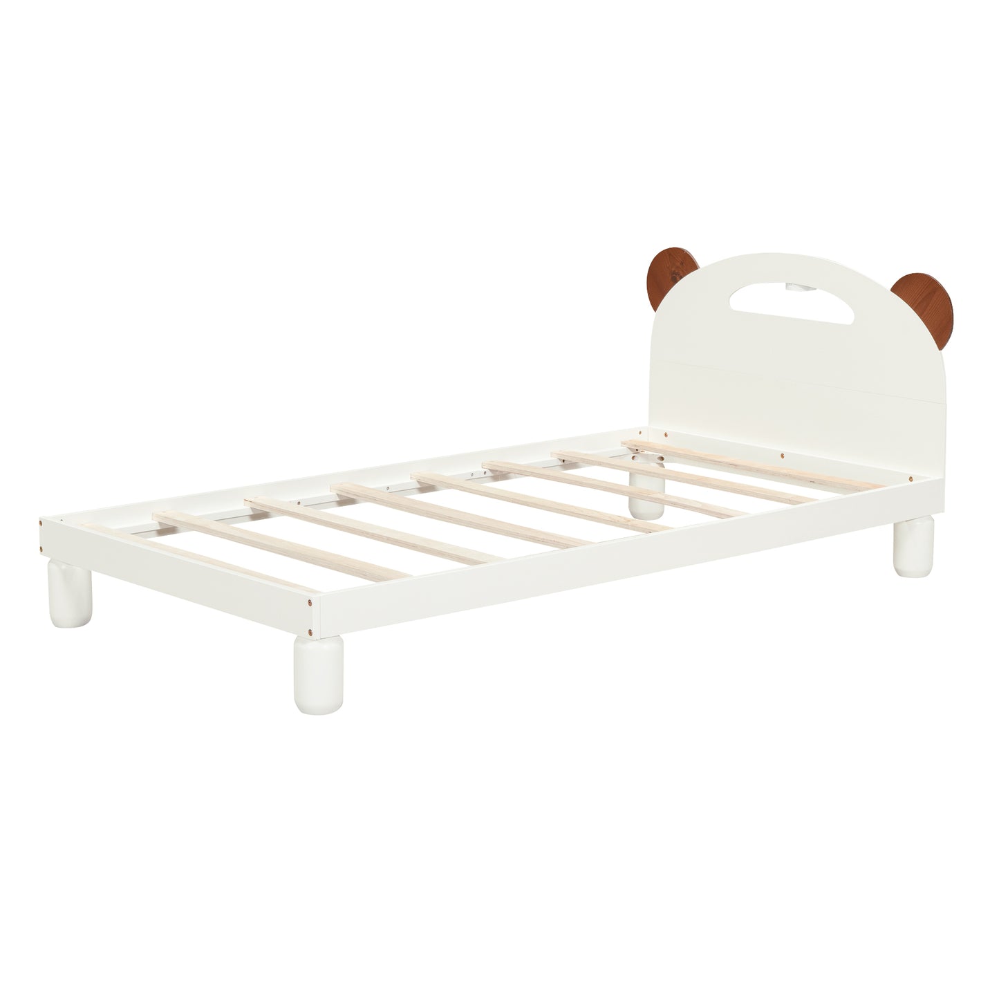 Twin Size Platform Bed with Bear Ears Shaped Headboard and LED Cream White