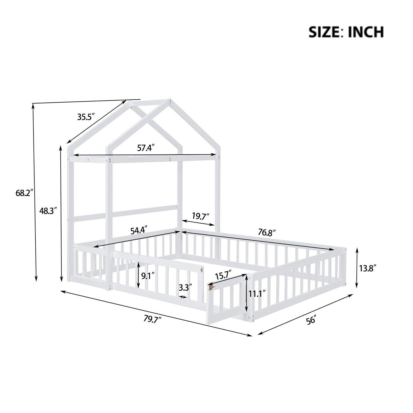 Wooden Full Size Children's Bed with Detachable Headboard and Integrated Clothes Drying Rack, White