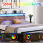 Large bed frame with storage headboard and 2 drawers, LED light bed, charging station, metal platform bed