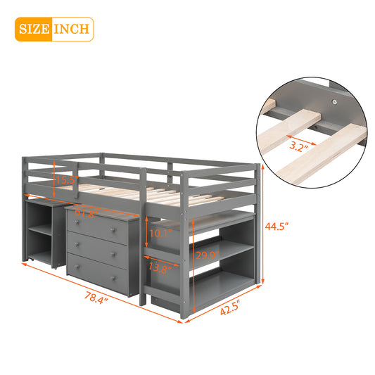 Low Study Twin Loft Bed with Cabinet and Rolling Portable Desk - Gray (OLD SKU :LP000113AAE)