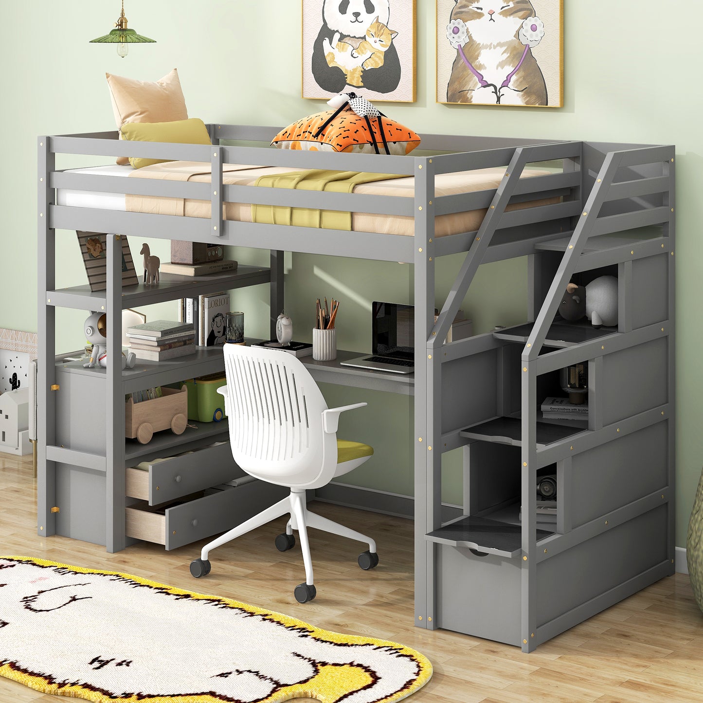 Twin Size Loft Bed with Desk and Shelves Two Built-in Drawers, Storage Staircase Gray