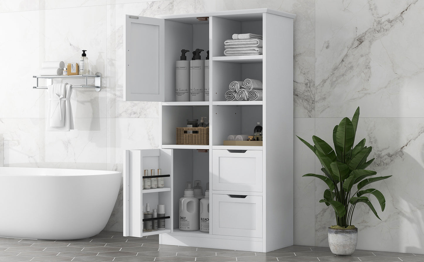 Bathroom storage cabinet with doors and drawers, multiple storage spaces, independent, open adjustable shelves, white